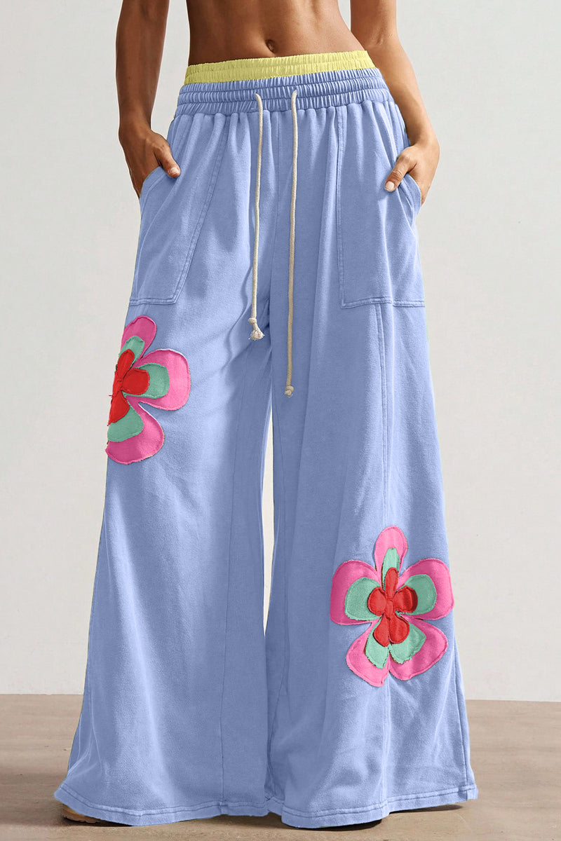 Flower Patchwork Drawstring Elastic Waist Wide-Leg Trousers