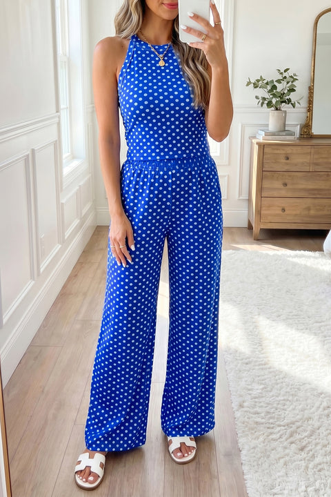 Polka dot slim tank and loose pants two-piece set front view — Fashionfitz UK