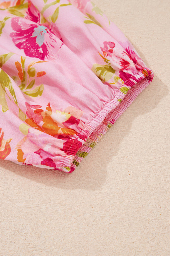 Pink Floral Print Blouse Tie V-Neck Puffy Half Sleeve Relaxed Fit