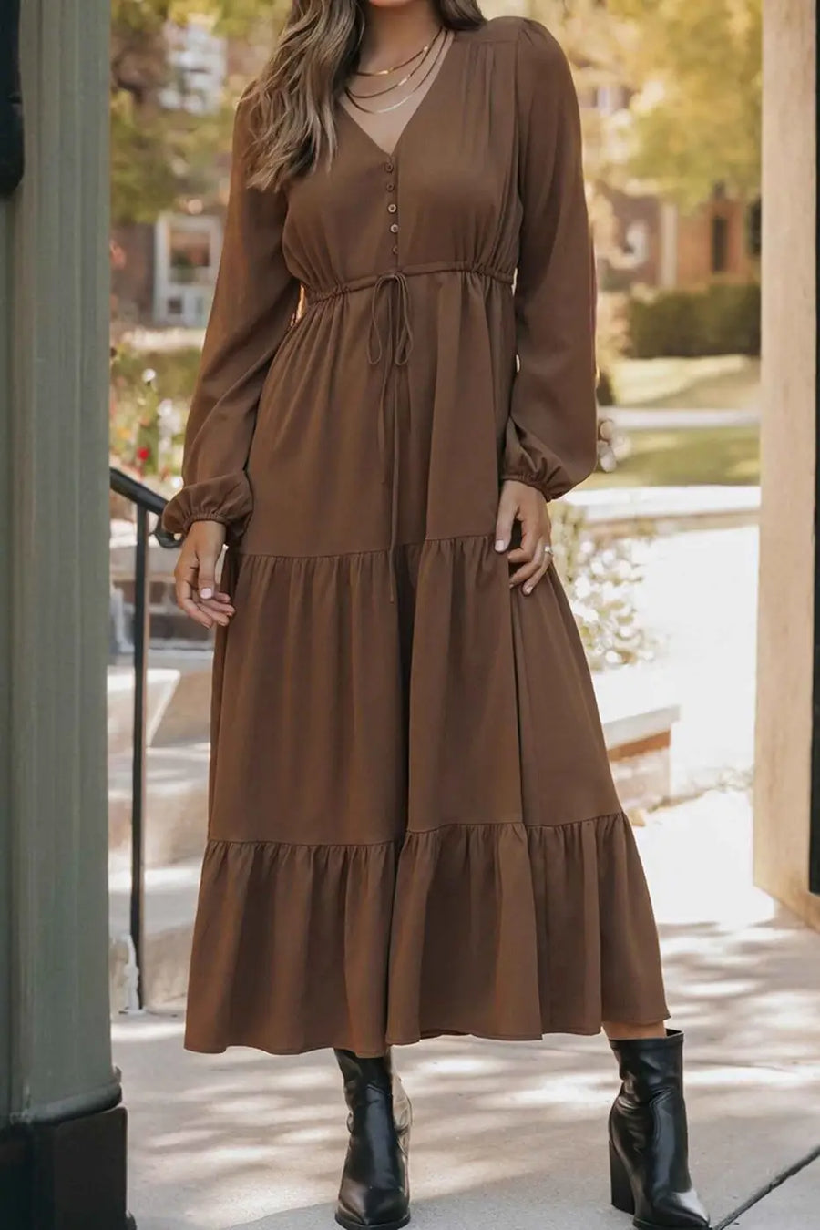 Burgundy long sleeve tiered maxi dress dresses