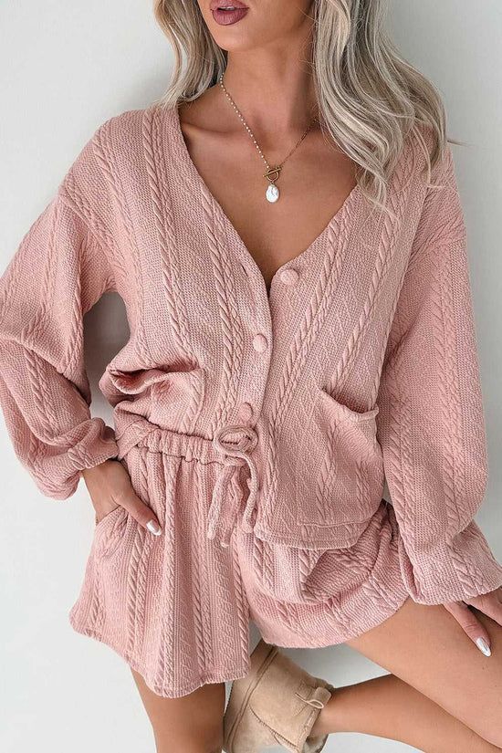 Blush Pink Cable Knit Co‑Ord featuring a V-neck cardigan with front buttons and drawstring shorts, ideal for cosy spring loungewear.