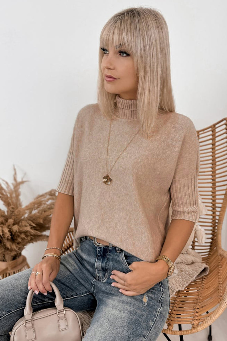 Beige High Neck Short Sleeve Washed Knit Sweater Women UK