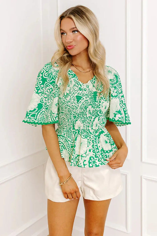 Floral smocked ruffle v-neck tunic blouse | fashionfitz