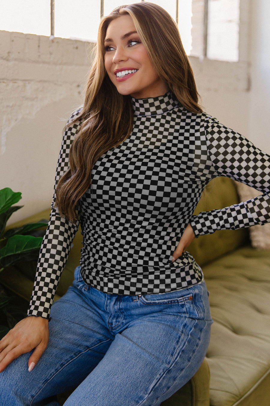 Plaid Stand Neck Long Sleeve Mesh Top Women UK