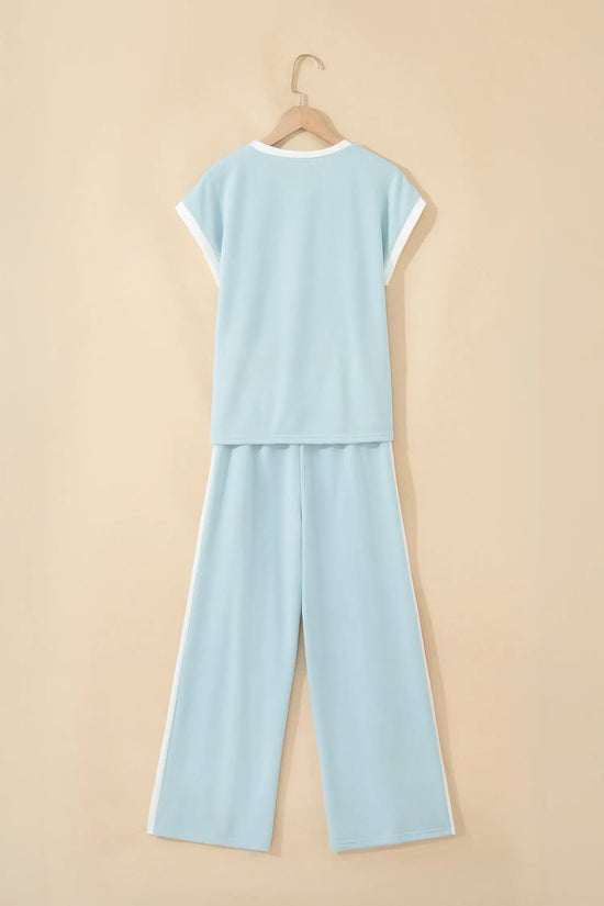 Mist blue contrast trim boxy tank top wide leg pant set pockets outfit sets