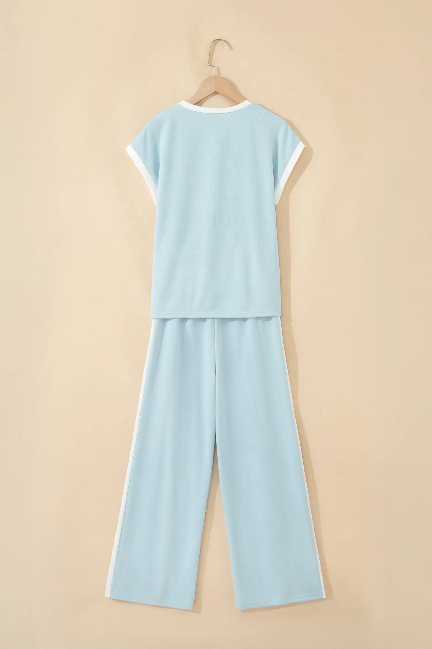 Mist blue contrast trim boxy tank top wide leg pant set pockets outfit sets