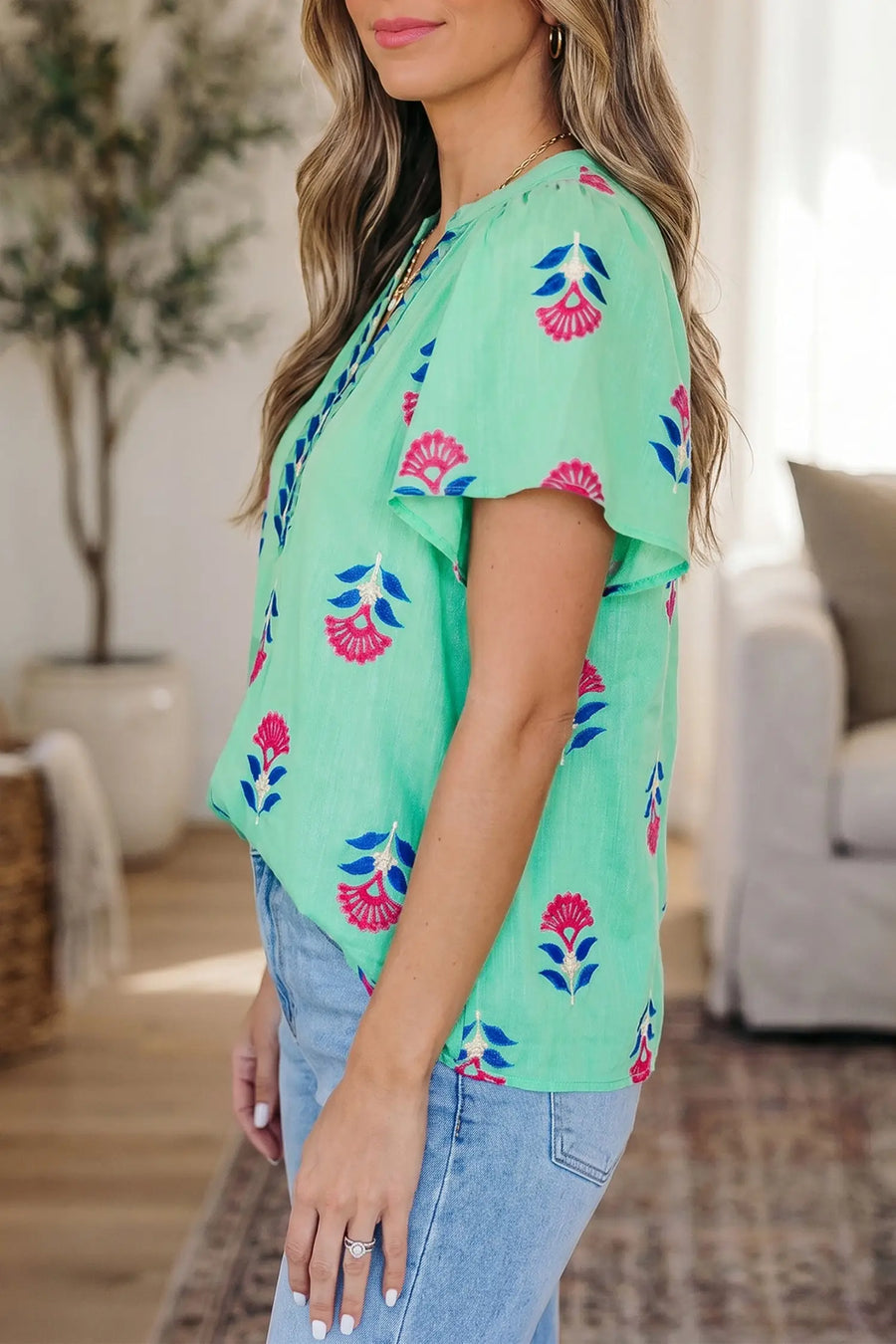 Floral V-neck flutter sleeve blouse back view — Fashionfitz UK