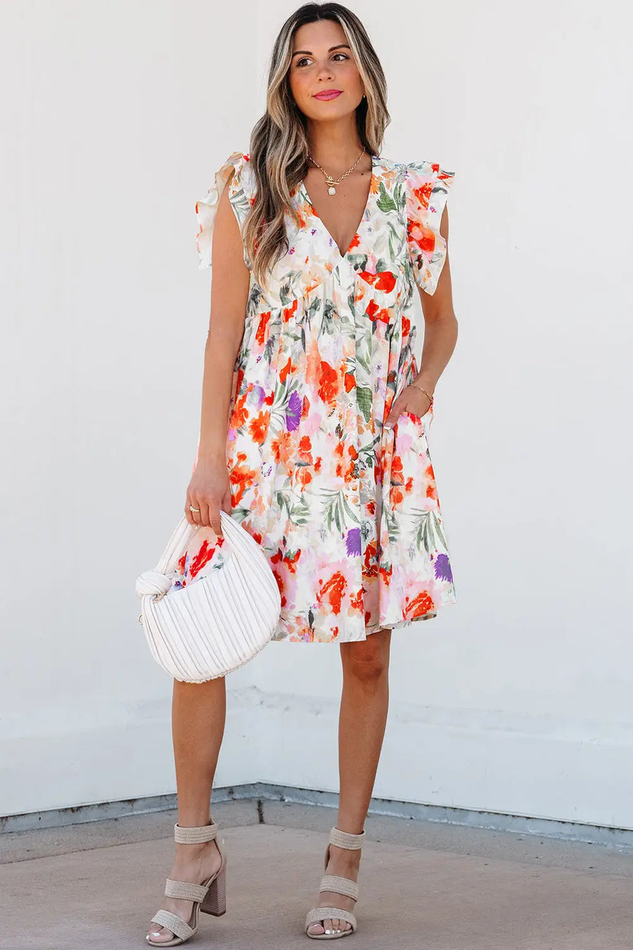 Pink Floral Double Ruffle Sleeve V Neck High Waist Mini Dress Women UK — side detail