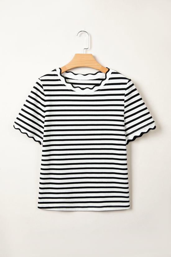 Scalloped Trim Stripe Cotton T-Shirt Round Neck Short Sleeve