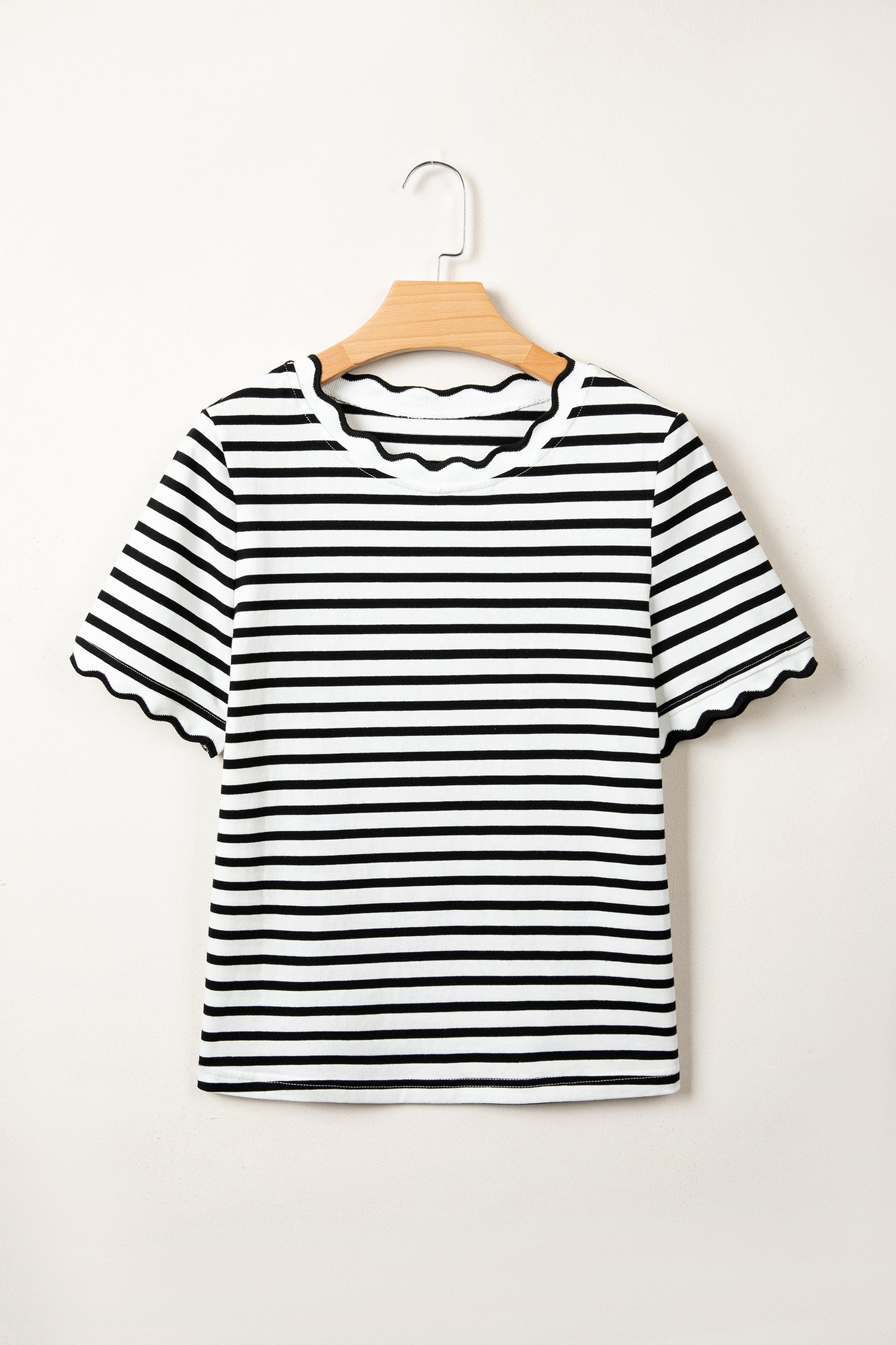 Scalloped Trim Stripe Cotton T-Shirt Round Neck Short Sleeve