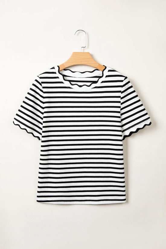 Scalloped trim stripe cotton t-shirt round neck short sleeve t-shirts
