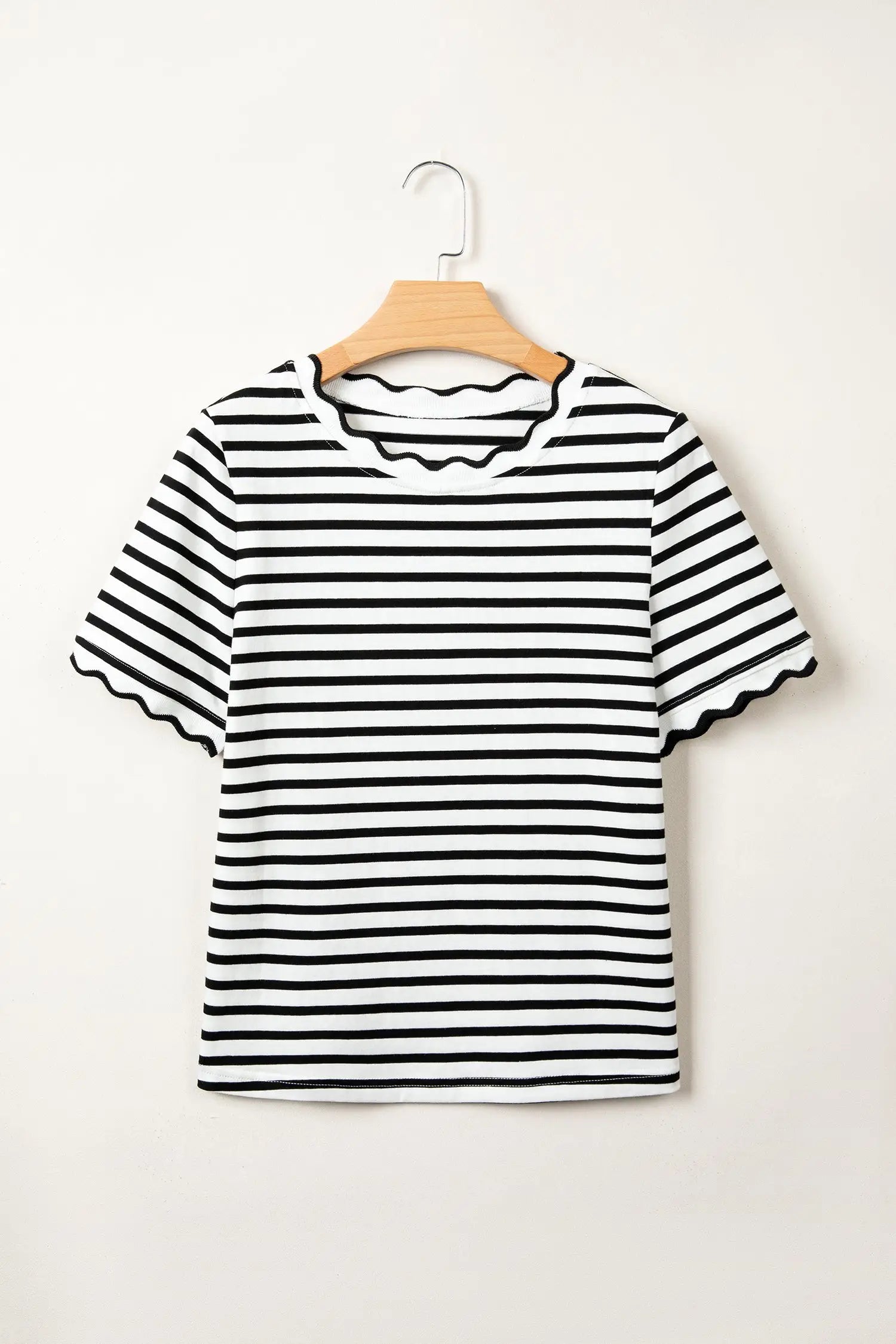 Scalloped trim stripe cotton t-shirt round neck short sleeve t-shirts