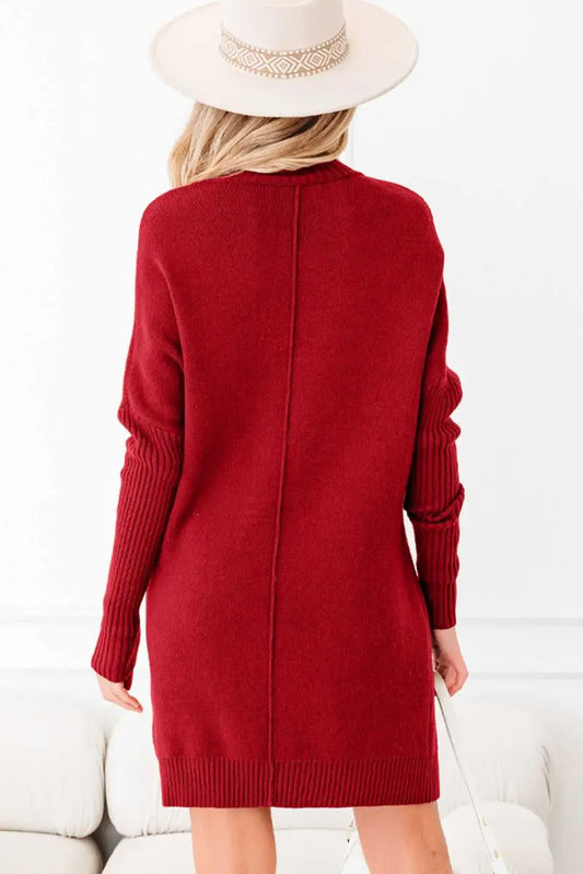 Back view of red high neck knit jumper dress showing ribbed cuffs and center seam. Ideal for casual winter wear in sweater dress style.
