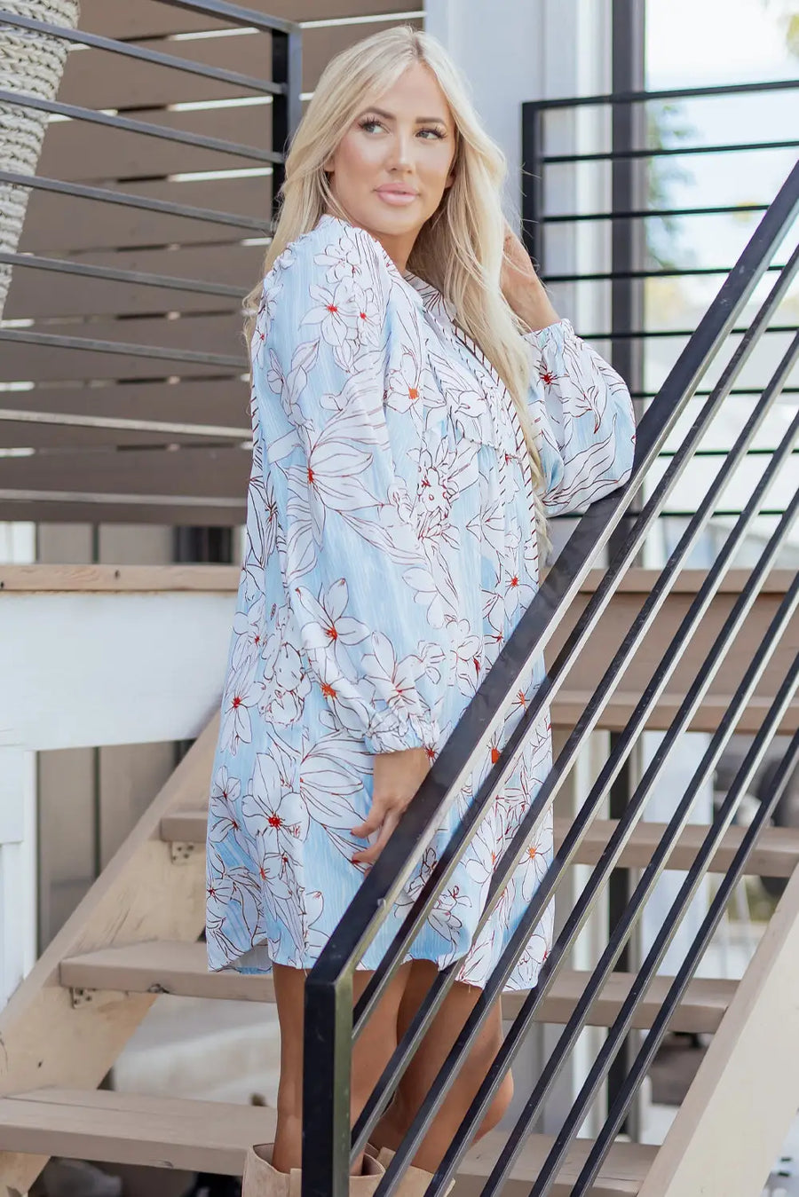 Brown Floral Tie Neck 3/4 Sleeve Mini Dress Women UK — full length