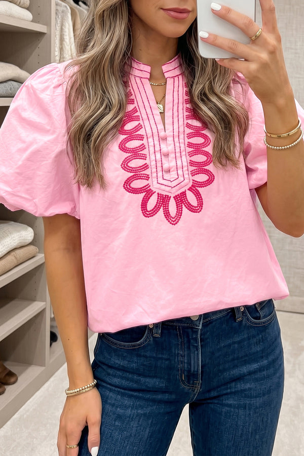Boho Embroidered Puff Sleeve Cotton Blouse Women UK
