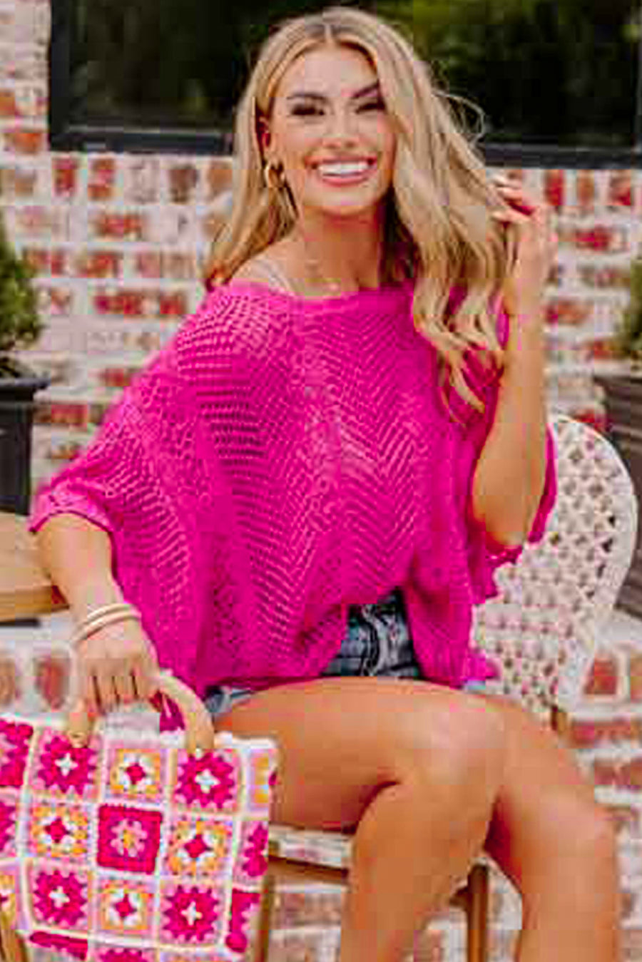 Close-up of Pink Pointelle Knit Top showing delicate openwork pointelle texture and scalloped edge stitching — Fashionfitz