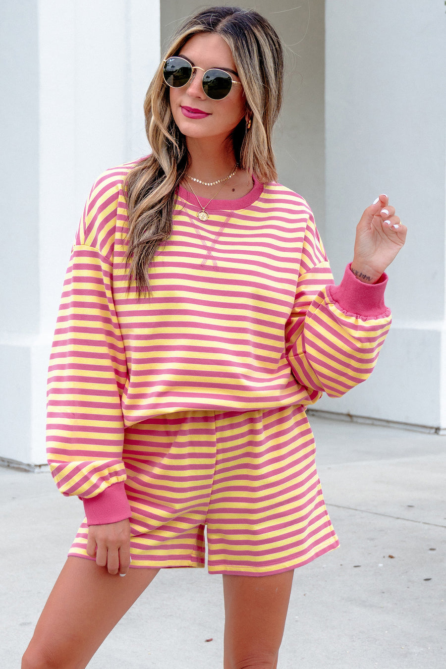 Yellow Stripe Colour Block Long Sleeve Top & Casual Shorts Set Women UK