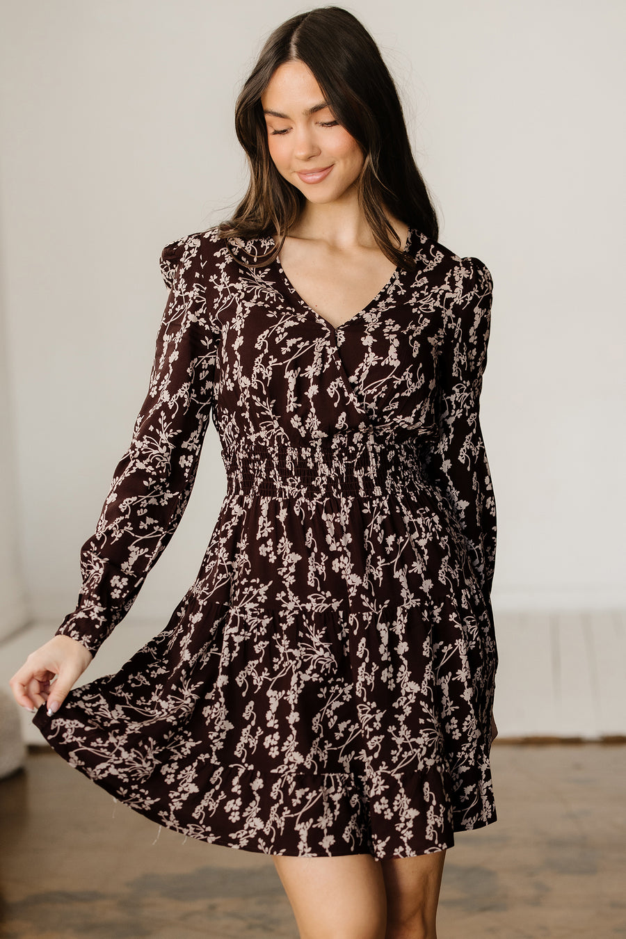 Brown Ditsy Floral Split Neck Long Sleeve Shirred Mini Dress Women UK — side detail
