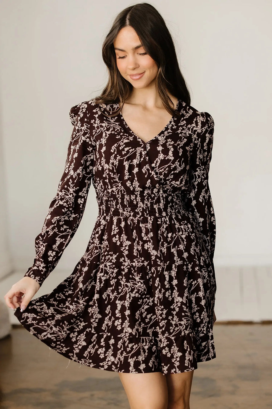 Brown Ditsy Floral Split Neck Long Sleeve Shirred Mini Dress Women UK — side detail