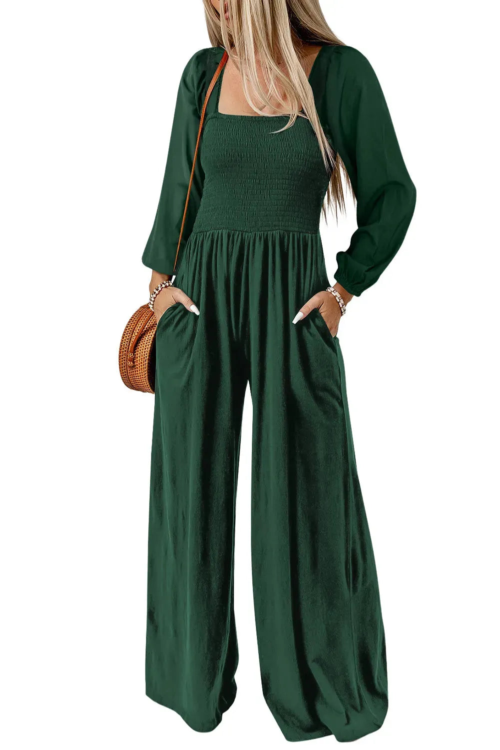 Smocked Wide Leg Jumpsuit - Fashionfitz