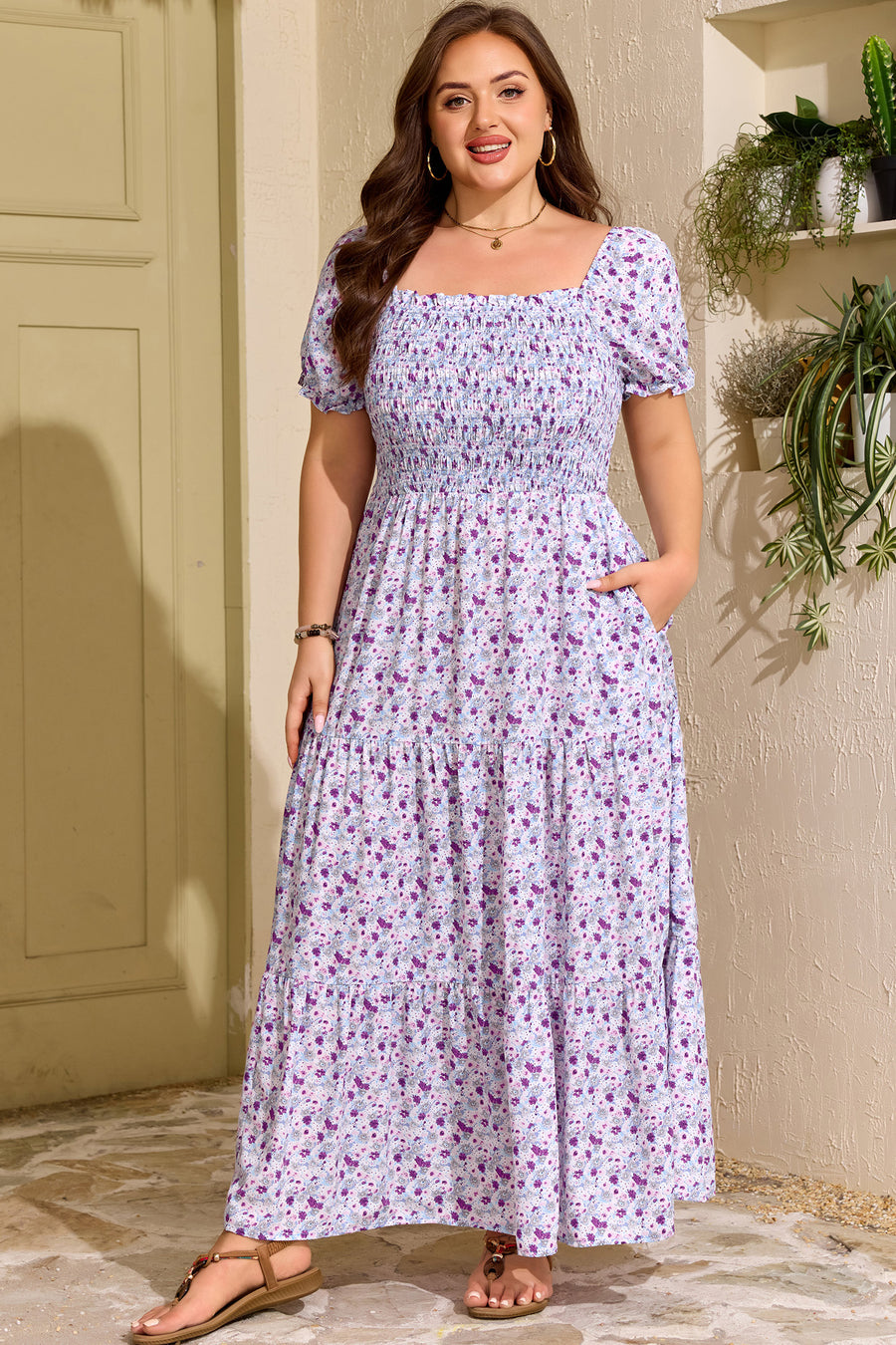 Floral Print Square Neck Smocked Plus Size Maxi Dress Women UK