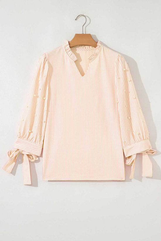Bow Cuff Blouse - Pearl Embellished in pink and white stripes with ruffled neckline and bow tie cuffs, ideal for spring daily wear.