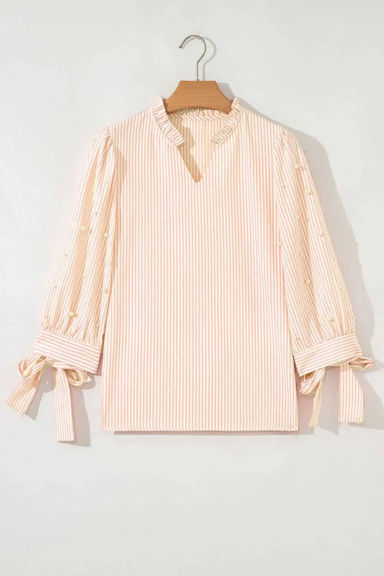 Bow Cuff Blouse - Pearl Embellished in pink and white stripes with ruffled neckline and bow tie cuffs, ideal for spring daily wear.