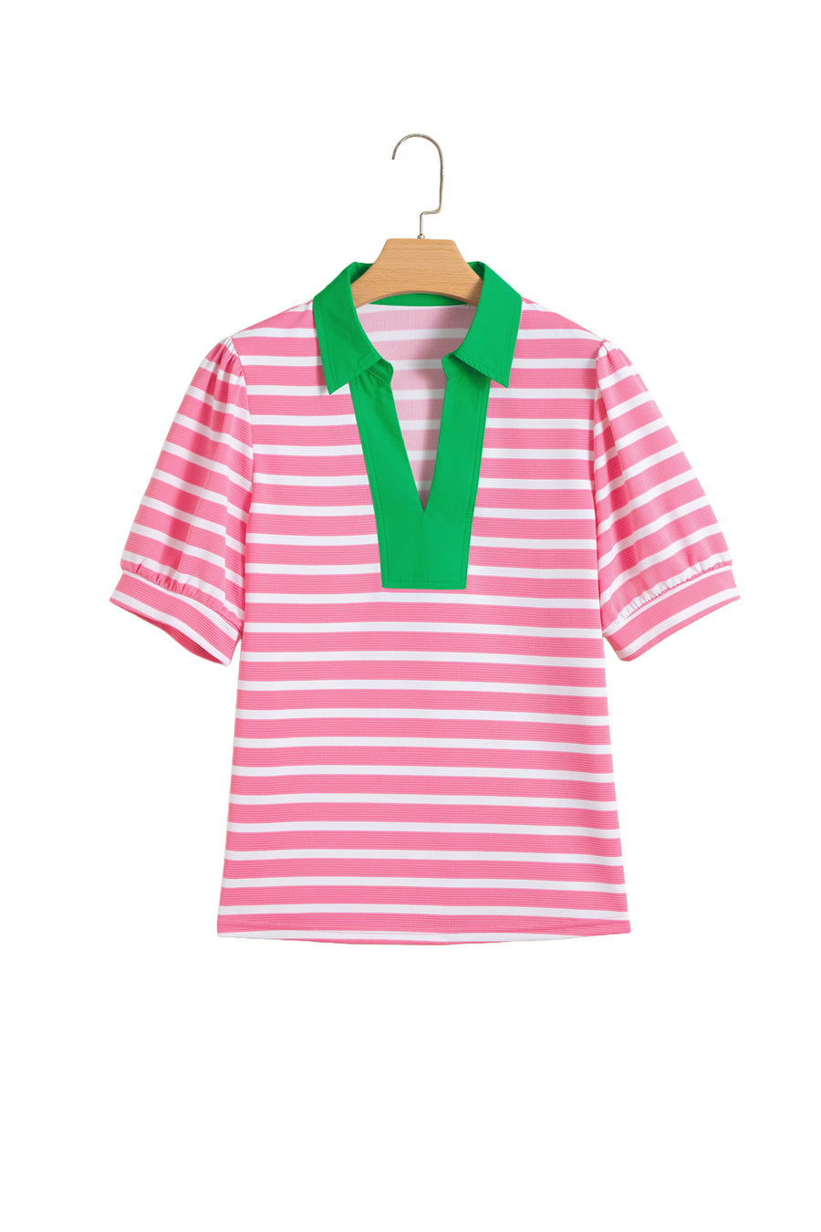 Striped Puff Sleeve Colour Block Polo Collar Blouse Women UK
