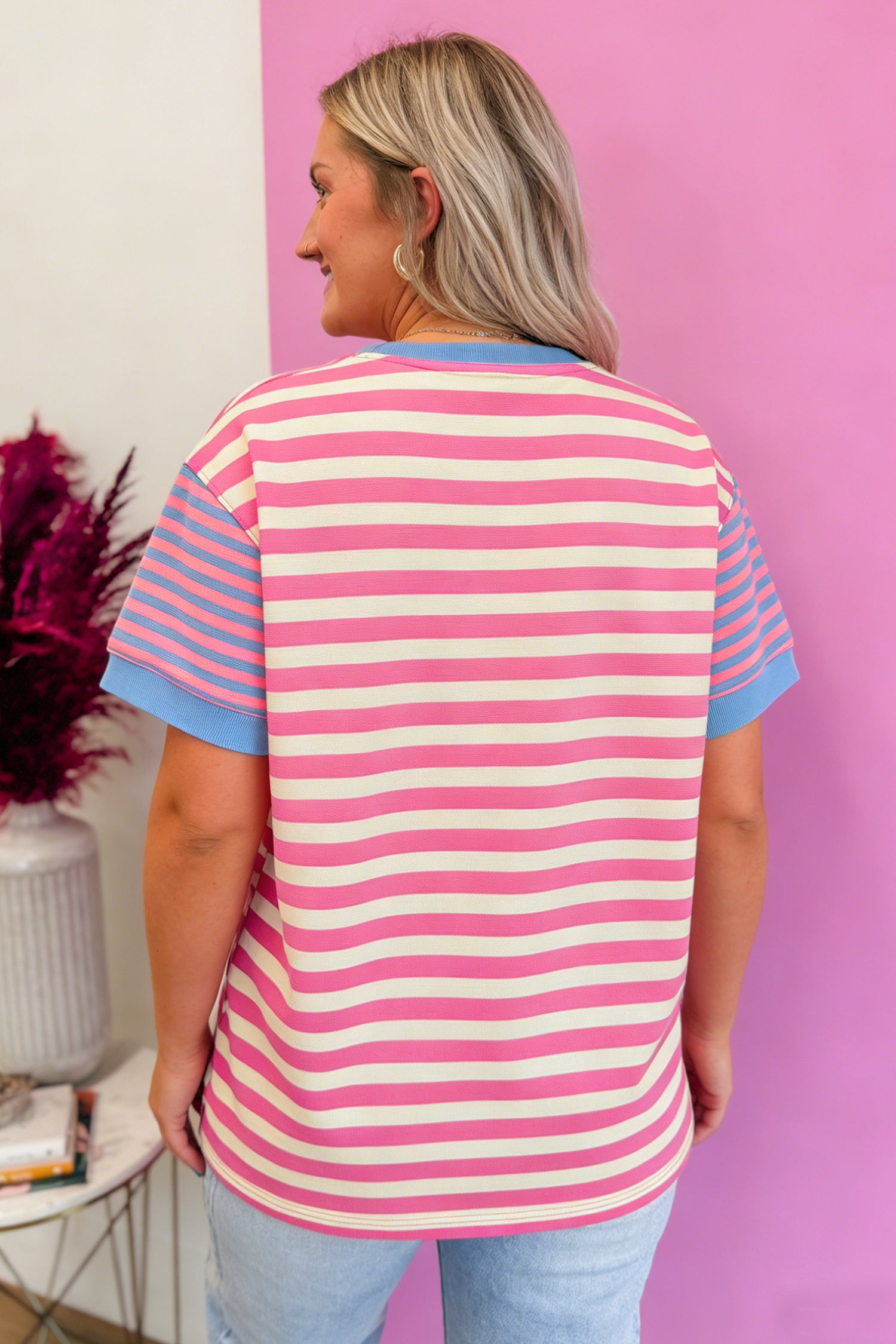 Stripe Contrast Patchwork Short Sleeve Tee Women UK