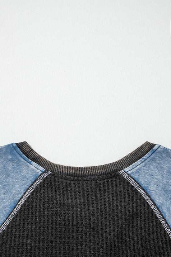 Waffle Knit Seam Detail Colour Block Patchwork Short Sleeve Top