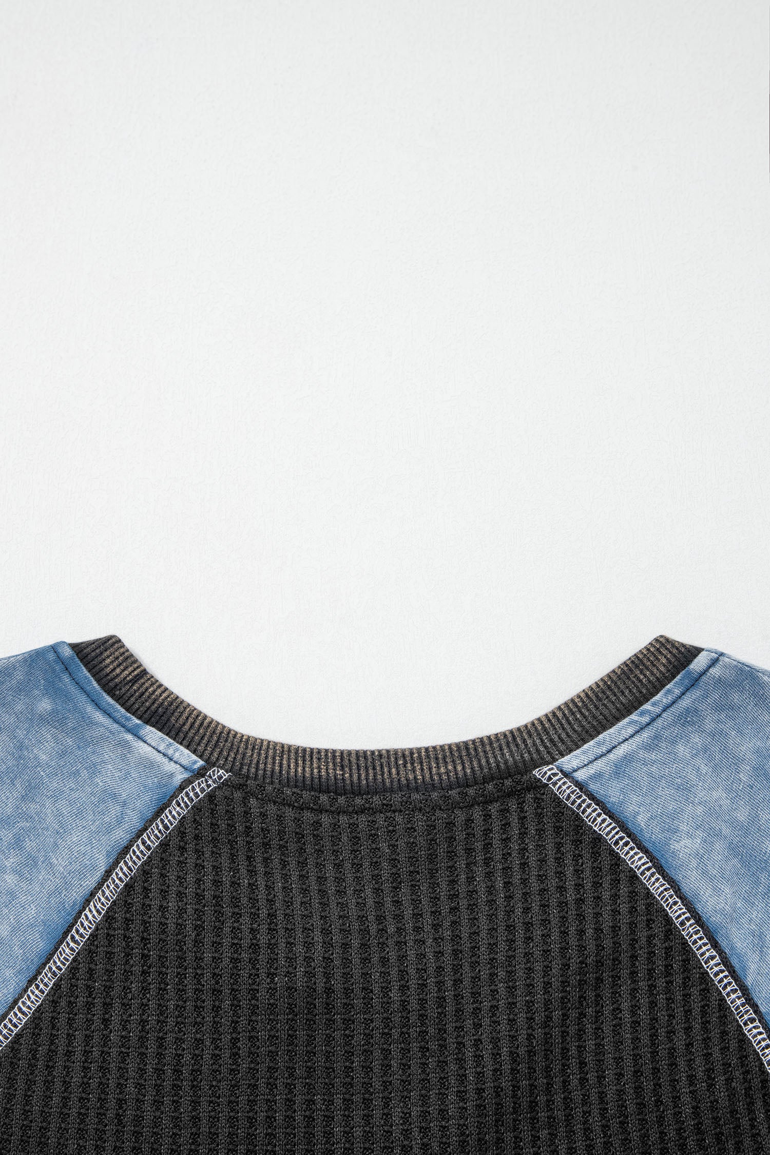 Waffle Knit Seam Detail Colour Block Patchwork Short Sleeve Top