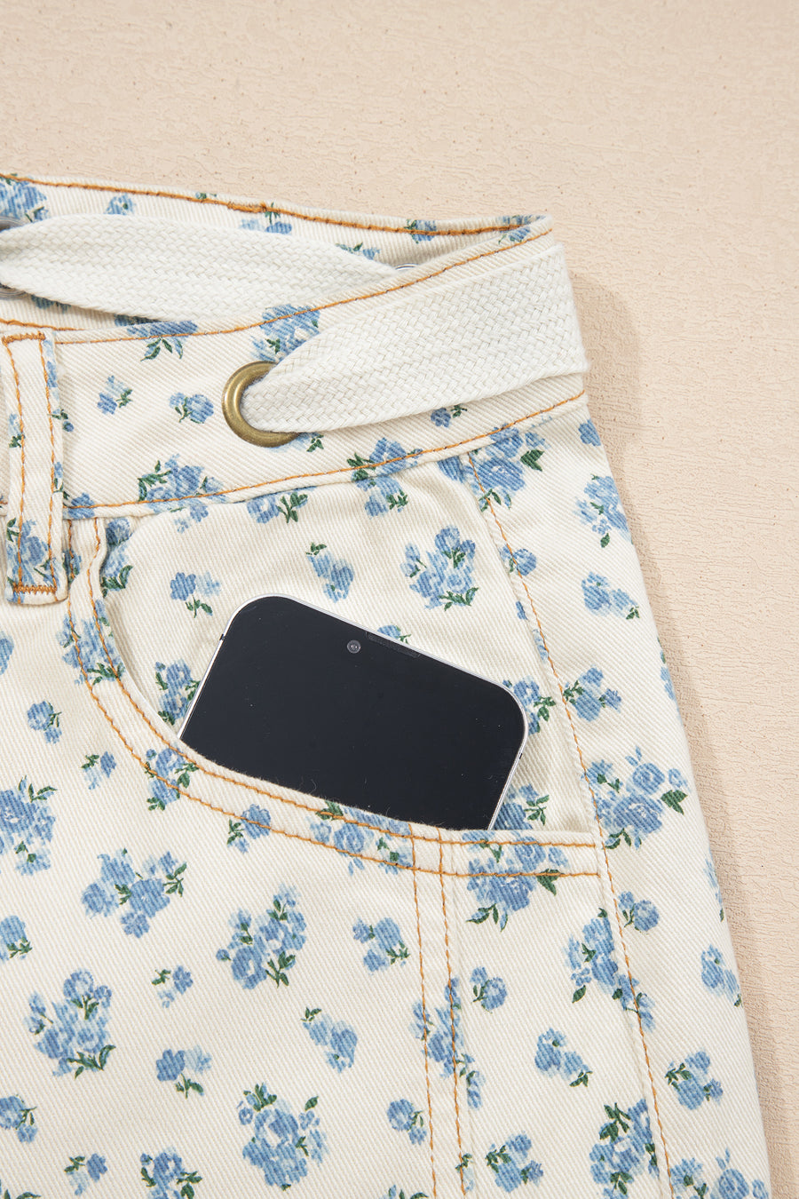 Grommet Knot Waist Floral Barrel Leg Jeans