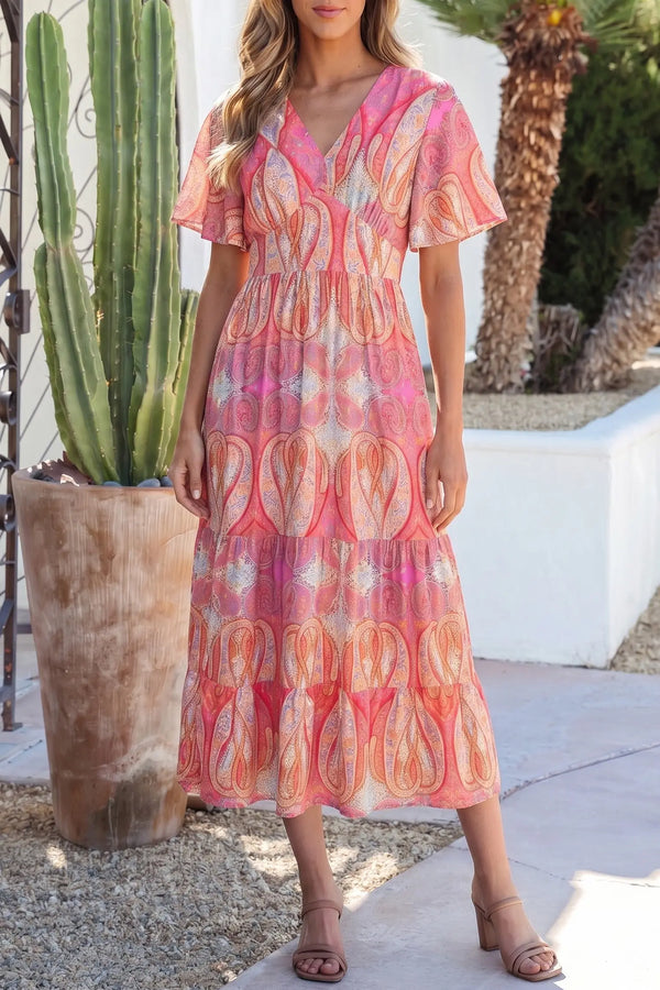 Multicolour Paisley V Neck Short Sleeve Boho Maxi Dress Women UK
