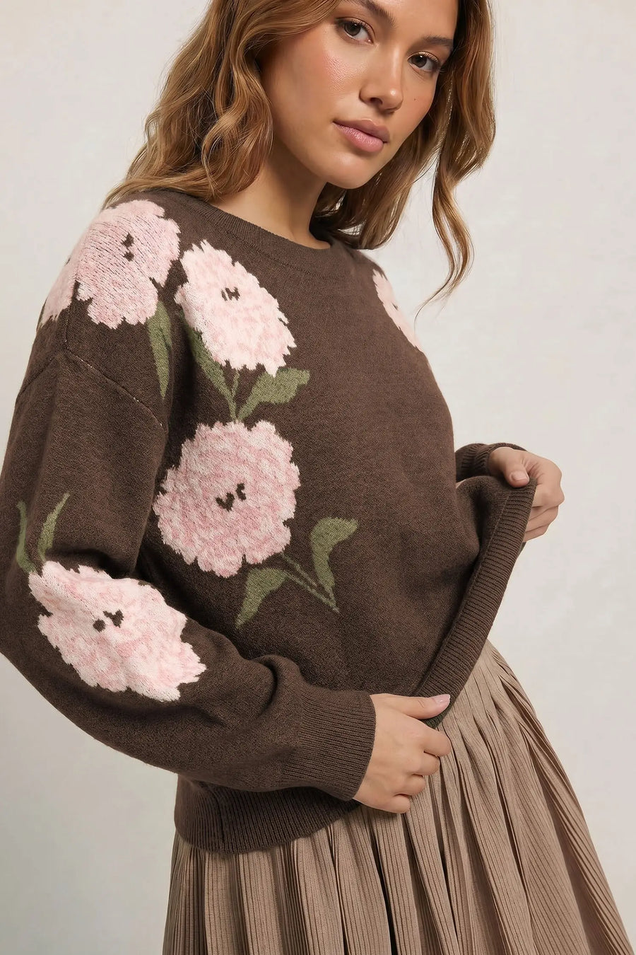 Floral Drop Shoulder Relaxed Pullover Sweater — full length view on model | Fashionfitz UK