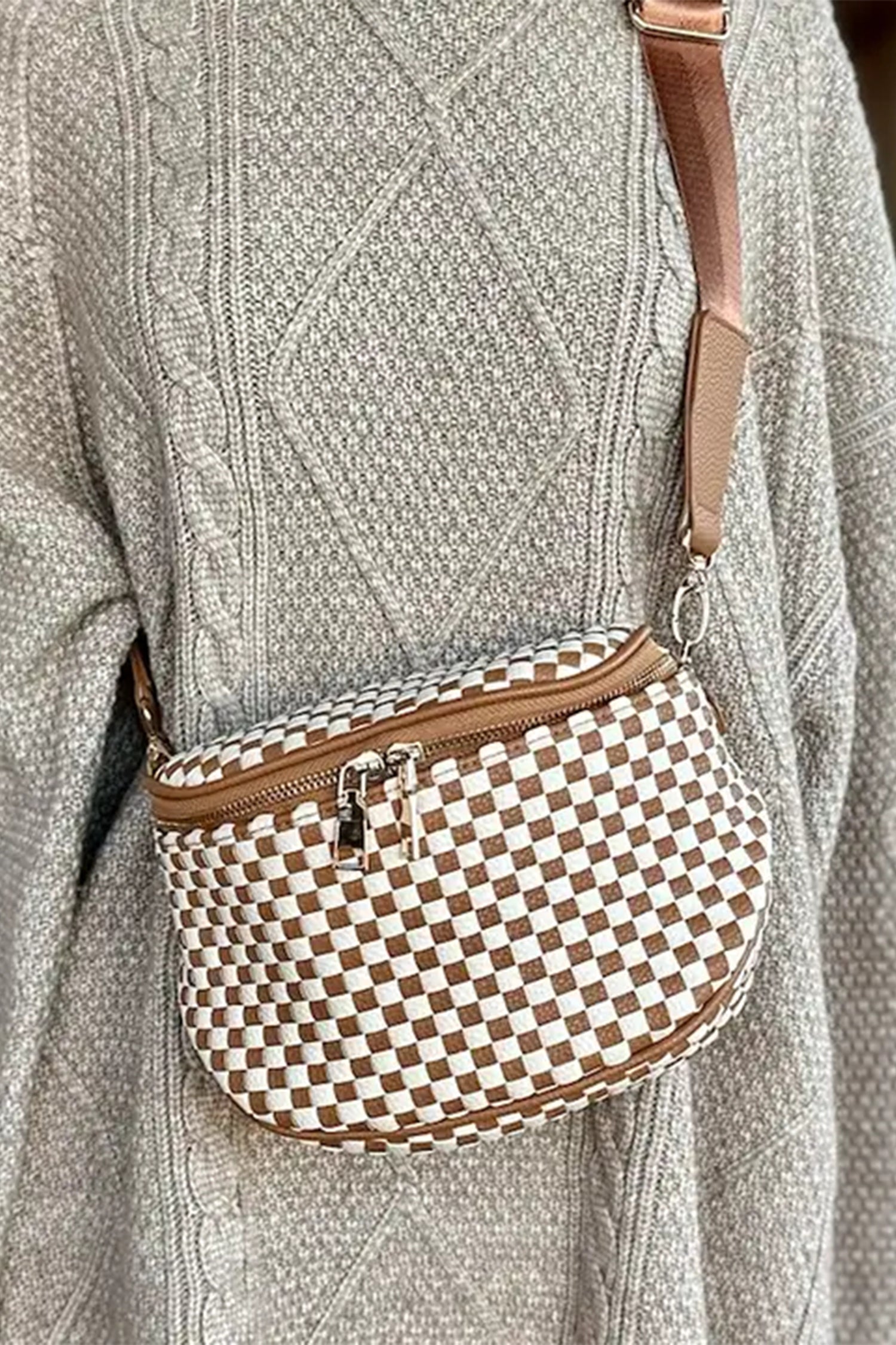 Checkerboard Woven Zip Crossbody Bag Women UK