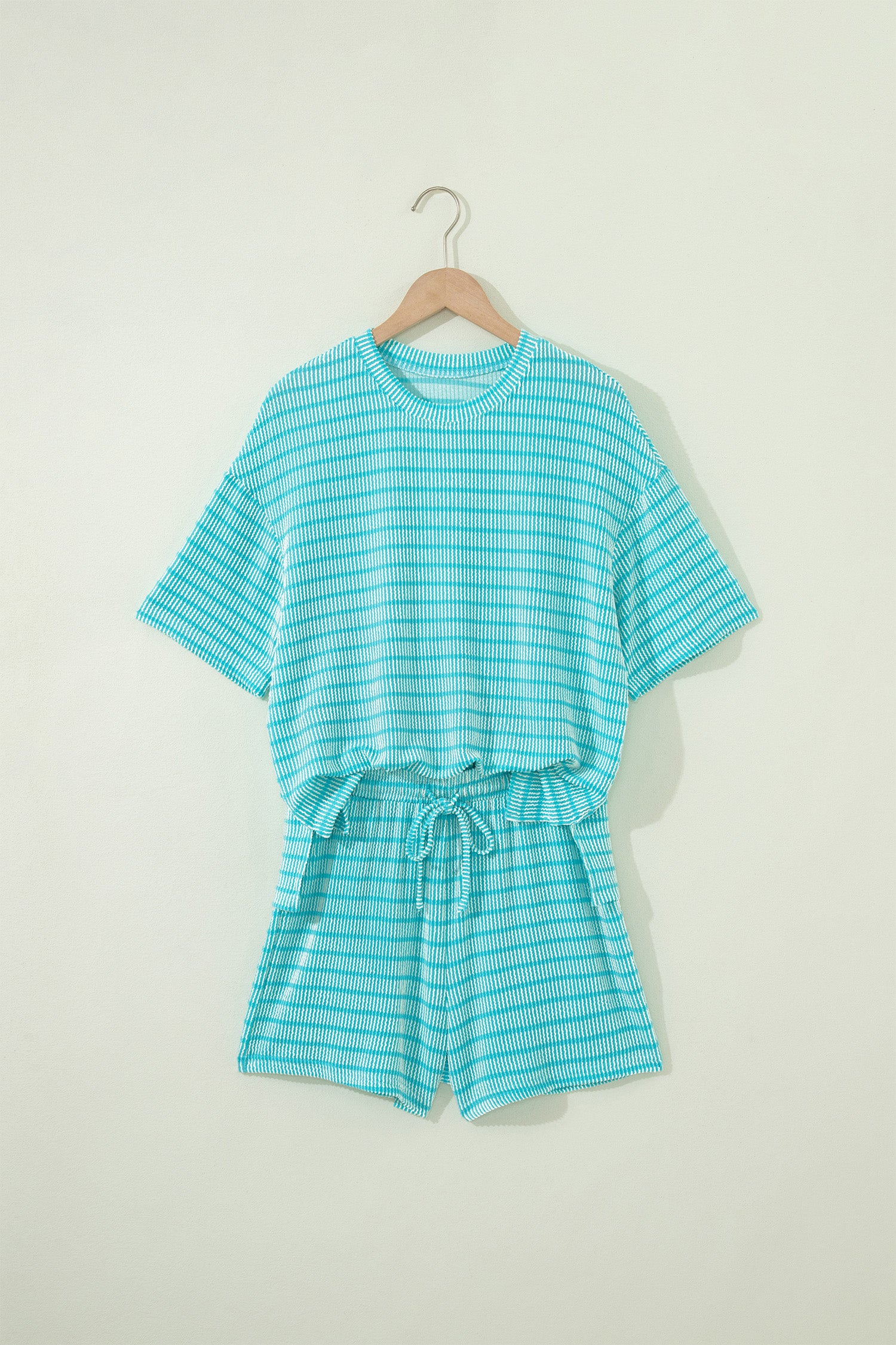 Stripe Raised Rib Loose Tee & Drawstring Elastic Waist Shorts Set