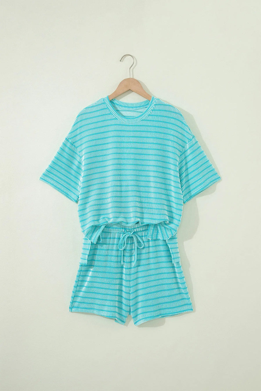 Stripe Raised Rib Loose Tee & Drawstring Elastic Waist Shorts Set