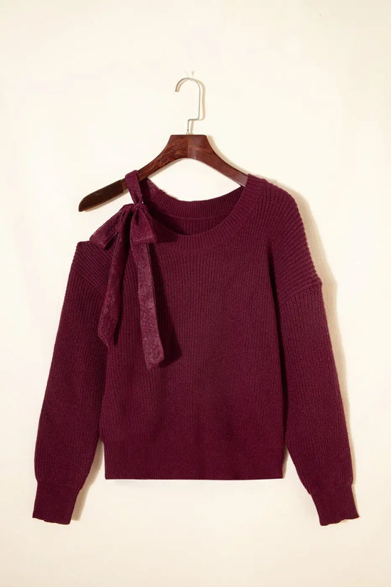Burgundy lace bow sweater | asymmetric off shoulder jumper sweaters