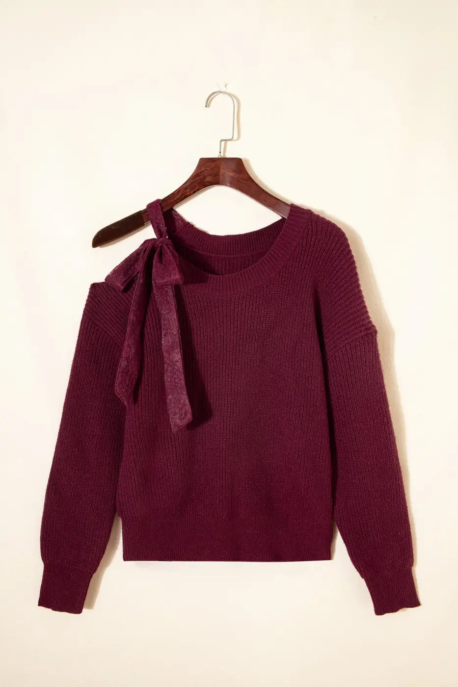 Burgundy lace bow sweater | asymmetric off shoulder jumper sweaters