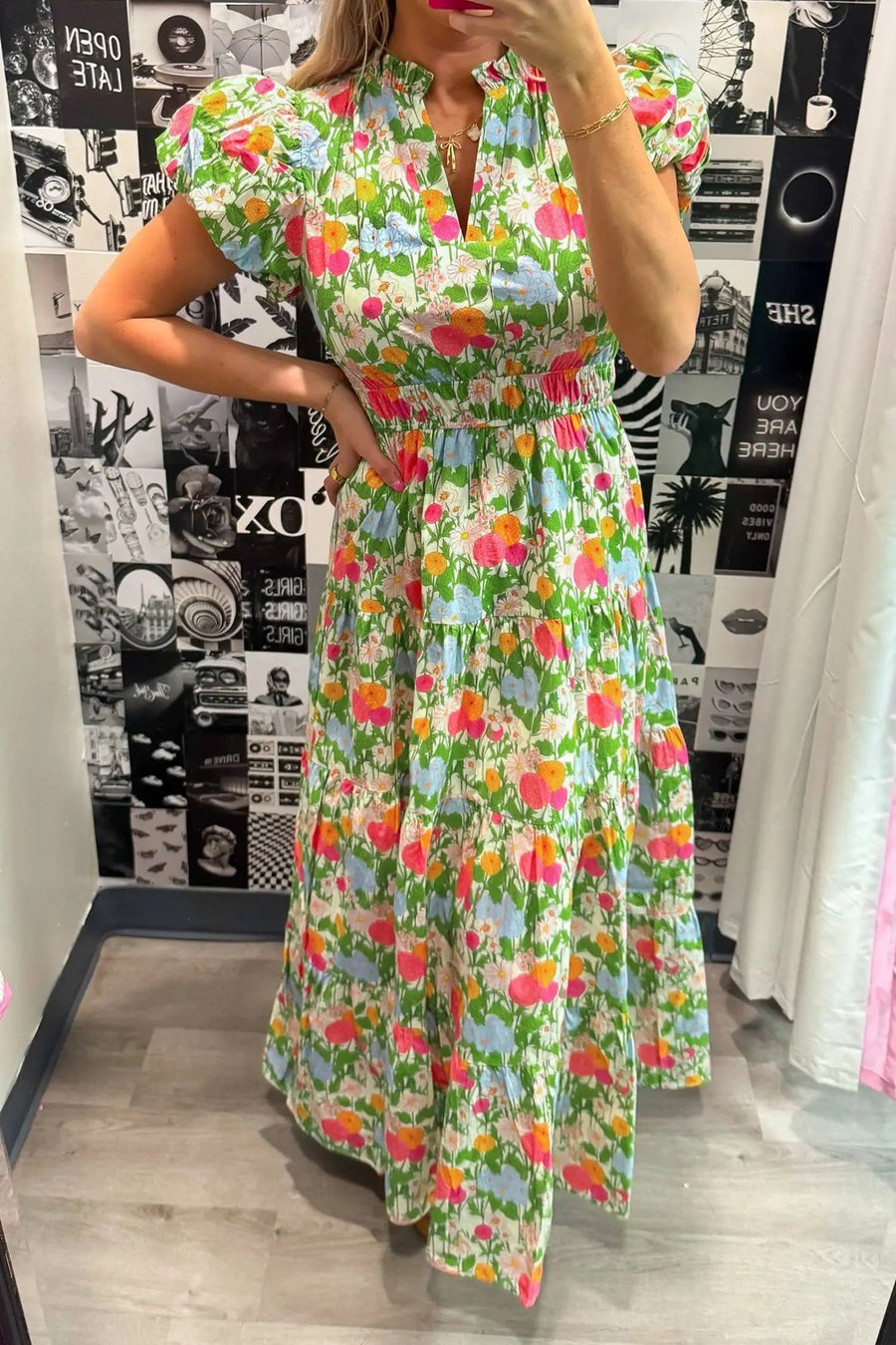 Green Floral V Neck Short Puff Sleeve Cotton Maxi Dress Women UK