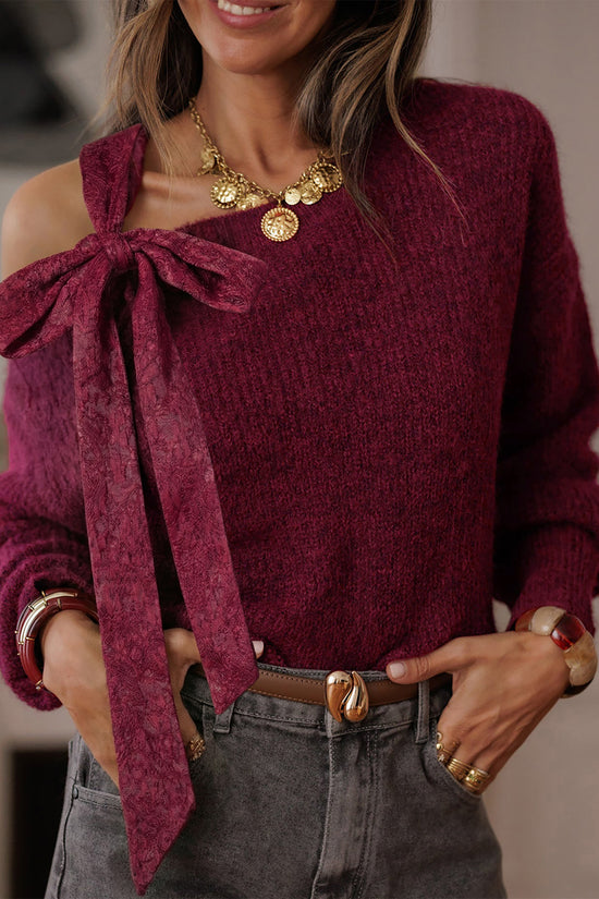 Burgundy Lace Bow Sweater | Asymmetric Off Shoulder Jumper