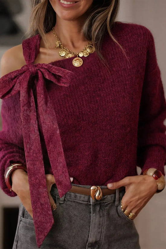 Burgundy lace bow sweater | asymmetric off shoulder jumper sweaters