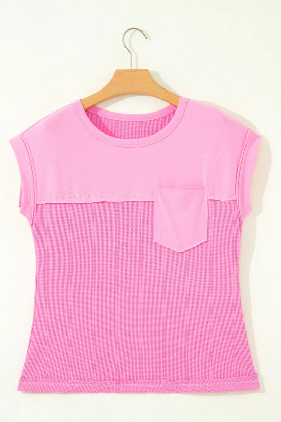Waffle patchwork sleeveless top raw seam chest pocket round neck casual tank tops
