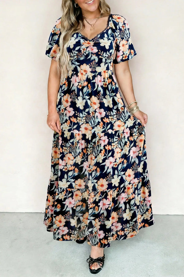 Blue Floral Short Sleeve Smocked High Waist Maxi Dress Women UK — back view