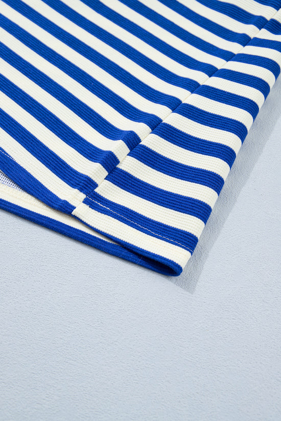 Stripe Contrast Trim Polo Collar Ruffled Short Sleeve Blouse