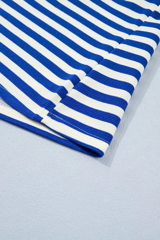 Stripe Contrast Trim Polo Collar Ruffled Short Sleeve Blouse