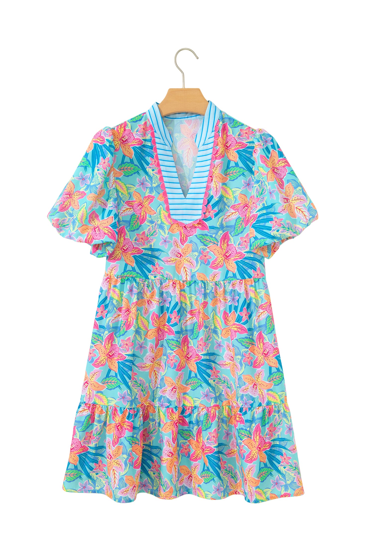 Floral Contrast Scallop Trim V-Neck Mini Dress Women UK