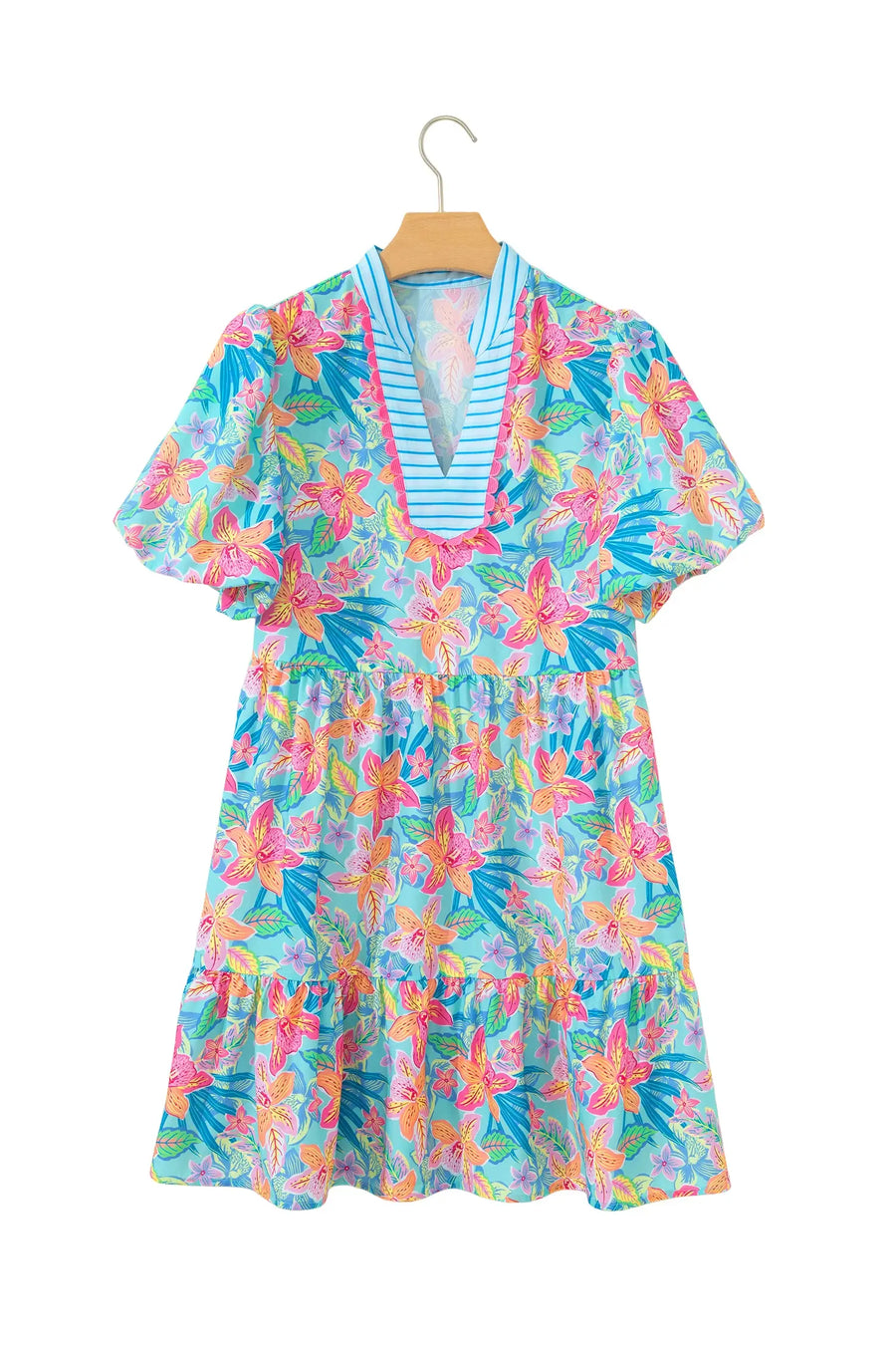 Floral Contrast Scallop Trim V-Neck Mini Dress Women UK