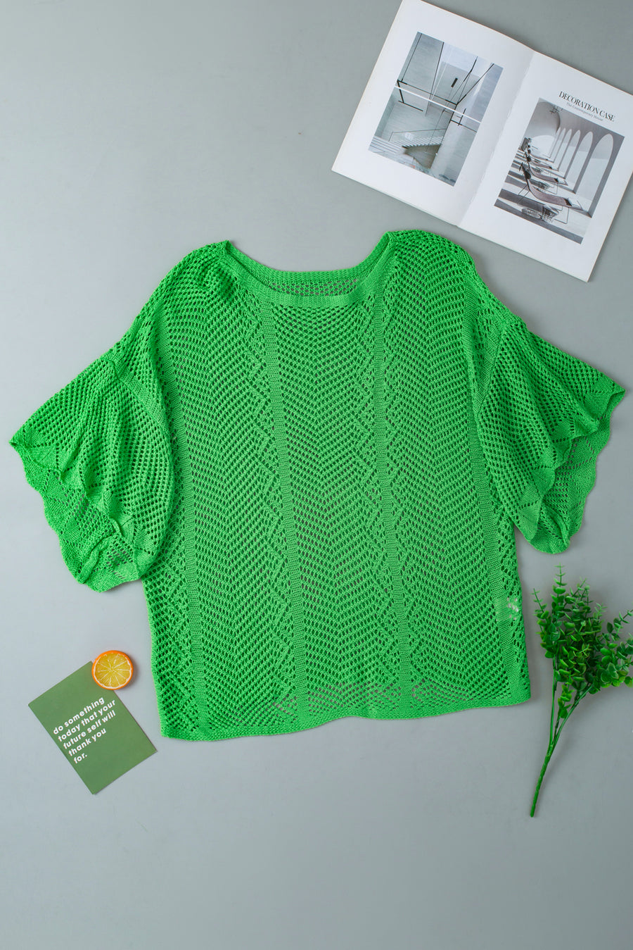 Green Pointelle Knit Scallop Trim Blouse Women UK — front view showing delicate pointelle texture and scalloped collar edge — Fashionfitz