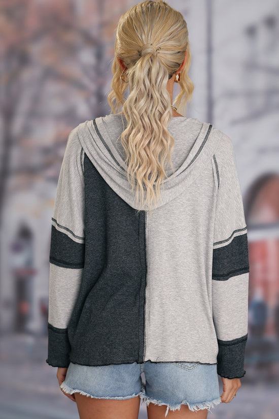 Color-Block Seamed Ribbed Henley Hoodie
